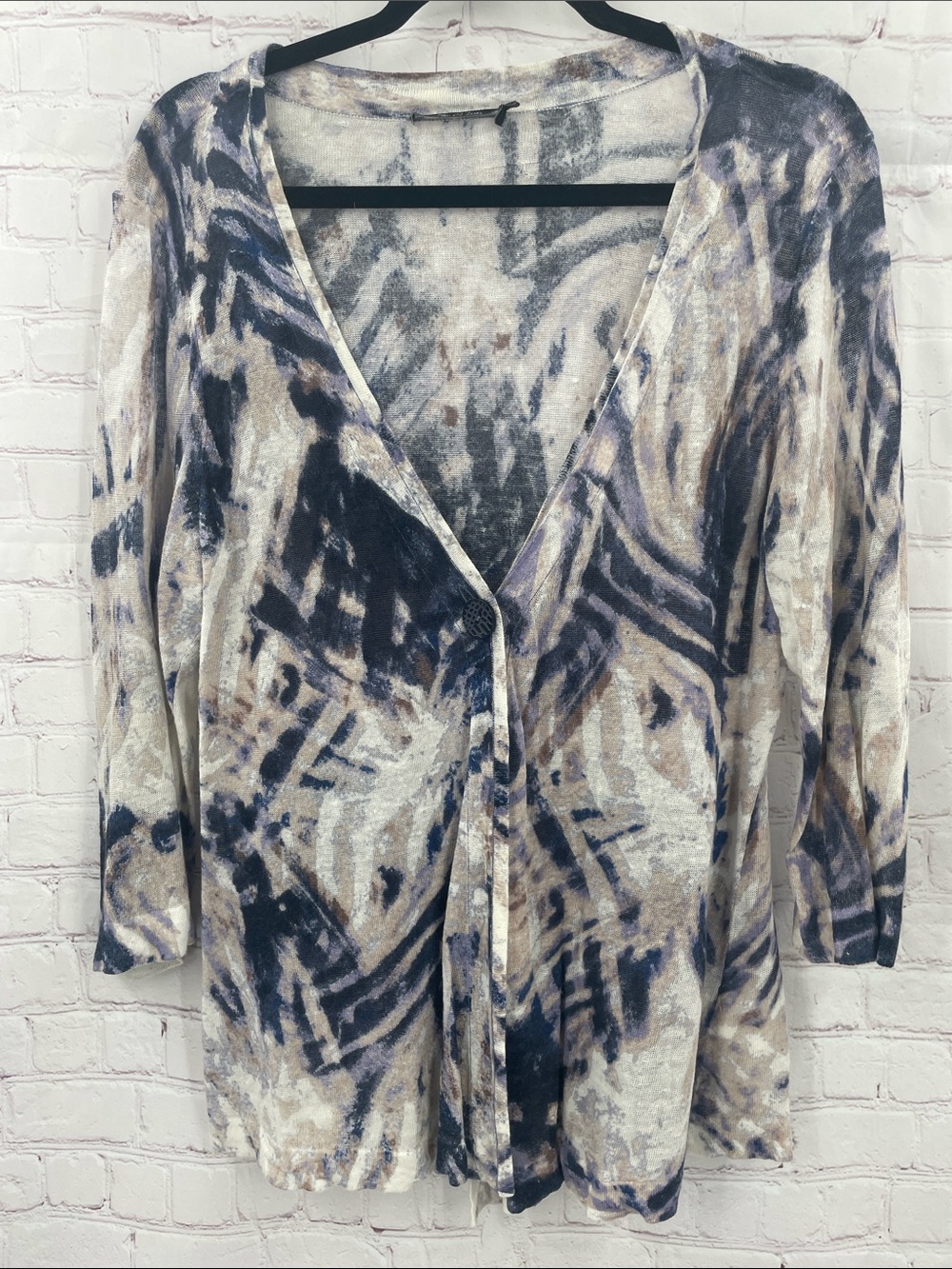 NIC+ZOE Soft Abstract Knit Top - Neutral, Navy & Taupe Linen Blend One Button L